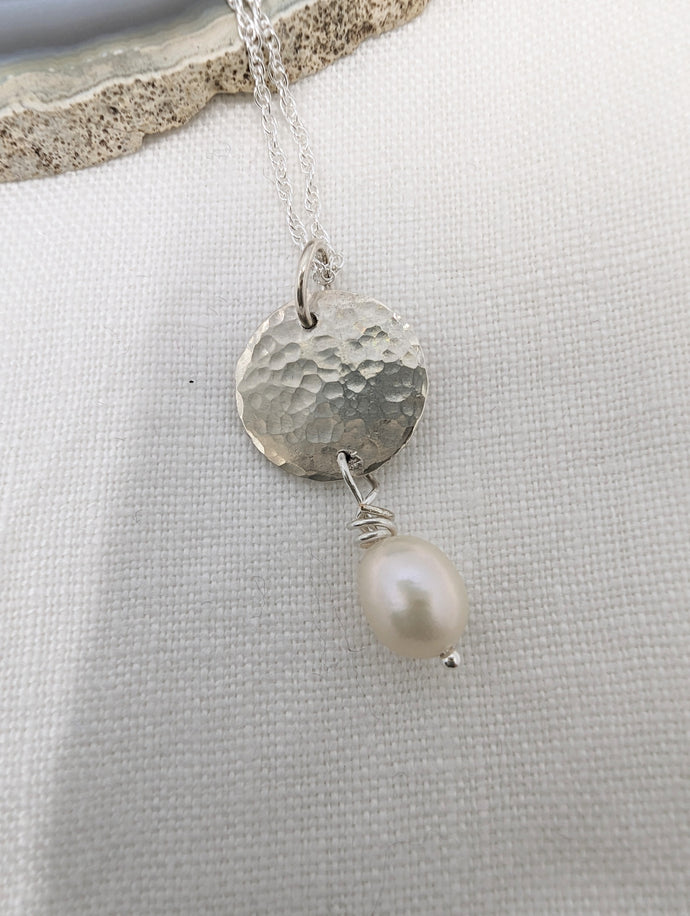 Handmade Hammered Round Pendant with Pearl Drop
