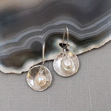 Load image into Gallery viewer, Eco Silver Dome Earrings with Pearl | 18 mm Circle | Dangle and Drop Earrings | Recycled Sterling Silver
