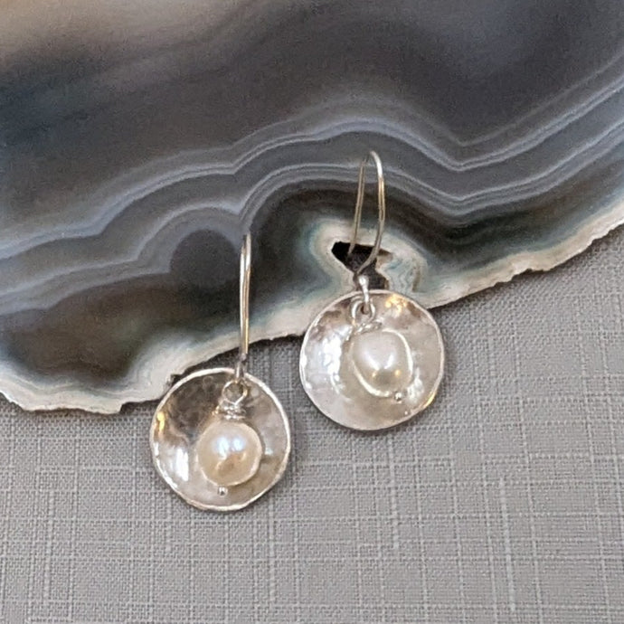 Eco Silver Dome Earrings with Pearl | 18 mm Circle | Dangle and Drop Earrings | Recycled Sterling Silver