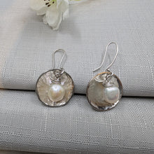 Load image into Gallery viewer, Eco Silver Dome Earrings with Pearl | 18 mm Circle | Dangle and Drop Earrings | Recycled Sterling Silver
