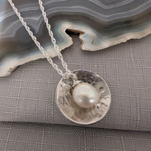 Load image into Gallery viewer, Eco Silver Dome Textured Pendant with Pearl | 18 mm Circle | Recycled Sterling Silver
