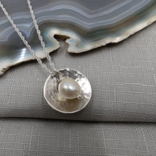 Load image into Gallery viewer, Eco Silver Dome Textured Pendant with Pearl | 18 mm Circle | Recycled Sterling Silver
