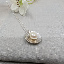 Load image into Gallery viewer, Eco Silver Dome Textured Pendant with Pearl | 18 mm Circle | Recycled Sterling Silver
