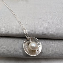 Load image into Gallery viewer, Eco Silver Dome Textured Pendant with Pearl | 18 mm Circle | Recycled Sterling Silver
