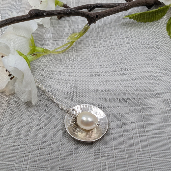 Eco Silver Dome Textured Pendant with Pearl | 18 mm Circle | Recycled Sterling Silver